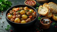 Hearty beef stew with tender potatoes, carrots and herbs in dark bowl, served with crusty bread slices. Rich brown gravy and fresh garnish create rustic meal.