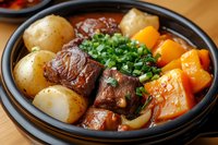 Hearty beef stew with tender meat chunks, whole potatoes, and bright carrots in rich brown gravy, garnished with fresh chopped herbs in black ceramic bowl.