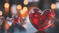 Red glass heart on reflective surface with soft bokeh lights in background creates romantic mood for Valentine's Day, love concepts, and celebrations.