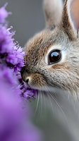 Close-up of tabby cat with striking blue eyes sniffing vibrant purple flower, capturing curious feline exploring nature with soft fur detail and whiskers visible.