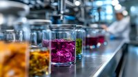 Glass jars with colorful fermented vegetables and probiotics on stainless steel counter in commercial kitchen, lab worker in background monitoring process.