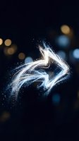Glowing forward arrow symbol made of luminous particles and light trails on dark background with bokeh lights, representing progress and direction.