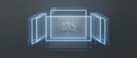 Neon glowing scales of justice symbol on digital screen with open panels, representing law, legal services, compliance, and digital justice technology solutions.