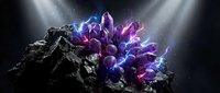 Glowing purple amethyst crystals emerging from dark rock formation with dramatic lighting effects and mystical energy aura for spiritual healing concepts.