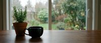 Cozy morning scene with black coffee mug and potted rosemary herb on wooden table by window overlooking garden for home decor and lifestyle concepts.