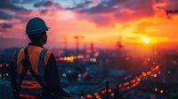 Construction worker in safety vest and hard hat observing city sunset from height, silhouette against dramatic orange sky with urban lights bokeh background.
