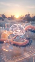 Glowing neural network brain with flowing data streams and digital elements over cityscape at sunrise, representing artificial intelligence, technology innovation, and smart computing solutions.