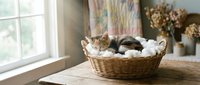 Tabby and black kitten sleeping together in woven basket with white blanket on wooden table near window, domestic pets resting peacefully.