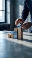Businessman building wooden blocks with arrow symbol representing growth strategy and success in modern office environment for business development.