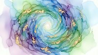 Abstract watercolor spiral vortex with gold accents in blue green purple tones. Flowing cosmic energy pattern for meditation wellness spiritual design projects.
