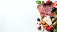 Gourmet charcuterie board with salami, cheese, fresh berries, olives, nuts and basil leaves on white background. Perfect for entertaining.