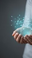 Hand holding glowing digital network nodes and connecting lines representing data flow, technology innovation, and global connectivity for business solutions.