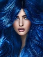 Young woman with vibrant electric blue flowing hair and striking blue eyes against dark background, dramatic beauty portrait showcasing modern hair coloring and styling.