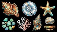 Colorful seashells, starfish, and coral isolated on transparent background. Ready for t-shirt designs, clipart, stickers, sublimation, print-on-demand products, and digital crafts.