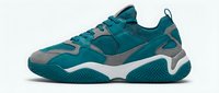 Teal and gray athletic sneaker with modern design, featuring mesh panels, cushioned sole, and white accents, isolated on white background for footwear retail and design projects.