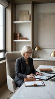 Professional mature blonde businesswoman in glasses working at modern office desk reviewing documents and reports in contemporary workspace.
