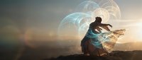 Woman in flowing dress dancing on rocky cliff at sunset with glowing sacred geometry spiral and golden light particles swirling around her.