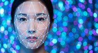 Asian woman face with digital facial recognition mesh overlay against colorful bokeh lights background for biometric security technology applications.