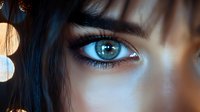 Close-up of bright blue eye with dark eyebrow and dramatic makeup, soft bokeh lights in background creating mysterious atmospheric portrait.