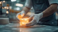 Professional chef in white gloves holding glowing magical box in dark kitchen, creating mysterious culinary atmosphere with bokeh lights and ethereal ambiance.