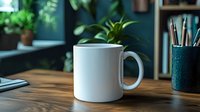 White ceramic coffee mug mockup on wooden desk with green plants and stationery in blurred background. Clean minimal workspace setup for branding presentation.