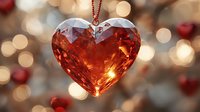 Crystal heart pendant in deep red against soft bokeh background, glowing with warm light and romantic ambiance, suspended on delicate chain for Valentine decor.