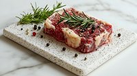 Raw marbled beef steak with rosemary and peppercorns on white marble cutting board, ready for cooking gourmet meal.