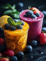 Two colorful fruit smoothies with fresh berries and mint garnish on dark wooden surface for healthy breakfast and nutrition concepts.