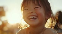 Young Asian girl laughing with pure joy at sunset, showing genuine happiness with bright smile and rosy cheeks, backlit by warm golden sunlight.