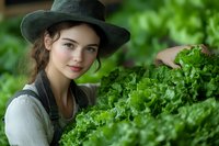 Young woman in vintage style dress and hat harvesting fresh lettuce in garden, sustainable farming and organic produce concept for healthy living.