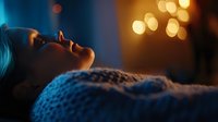 Young Asian woman lying down with eyes closed in peaceful meditation pose against blurred warm bokeh lights, dramatic blue lighting creates serene atmosphere.