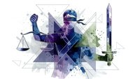 Abstract justice concept with blindfolded figure holding scales and sword in geometric watercolor design for legal presentations and law firm branding.