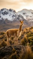 Young vicuña standing on rocky outcrop in Andean highlands with snow-capped mountains and golden sunset light creating dramatic wildlife portrait.