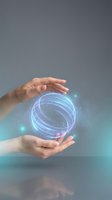 Hands holding glowing blue digital sphere with swirling light trails and particles, representing technology, innovation, and digital transformation for business concepts.