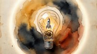Watercolor lightbulb with rocket launch inside symbolizing innovation, creativity and startup business ideas on textured paper background.