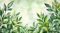 Watercolor green leaves and branches frame on soft green background, creating natural botanical border for wedding invitations or eco designs.