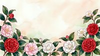 Watercolor camellia flowers in red, pink and white with green leaves on soft beige background with copy space for greeting cards.