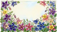 Watercolor floral border frame with colorful columbine flowers in purple, pink, blue and yellow on white background for greeting cards.