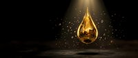 Golden liquid drop with sparkling particles floating above dark surface, luxury oil essence concept for premium cosmetics and skincare products.