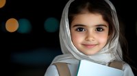 Young girl wearing white hijab smiling warmly at camera against dark background with soft bokeh lights, radiating innocence and joy while holding book.