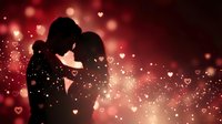 Romantic couple silhouette embracing with glowing hearts and bokeh lights creating magical Valentine's Day atmosphere for love themed designs.