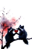Romantic raccoons silhouettes holding heart against pink watercolor sky background, artistic nature illustration in black and red colors on white background.