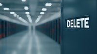 Modern data center corridor with glowing DELETE sign on server rack door. Dramatic perspective with rows of cabinets and fluorescent lighting creates futuristic atmosphere.