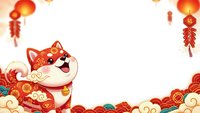 Cute cartoon shiba inu dog in traditional red outfit with golden coins and lanterns for Chinese New Year celebration on white background.
