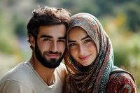 Happy young Middle Eastern couple smiling outdoors, man with beard and woman wearing colorful hijab headscarf, romantic portrait for lifestyle content.