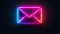 Glowing neon mail envelope icon with pink and blue light effect on dark background, modern digital communication symbol for web and apps.