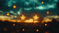 Glowing star-shaped lights hanging on chains against dramatic sunset sky with bokeh lights creating magical evening atmosphere. Decorative outdoor lighting.