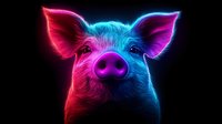 Glowing neon pig portrait with vibrant pink and blue lighting effects against black background, artistic digital illustration showing detailed facial features and ears.