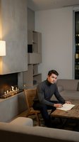 Young professional man reading book in modern living room with fireplace and contemporary furniture for relaxation and lifestyle concepts.