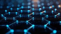 Glowing blue network nodes connected by lines on dark background with bokeh effect, representing digital technology and neural connections.